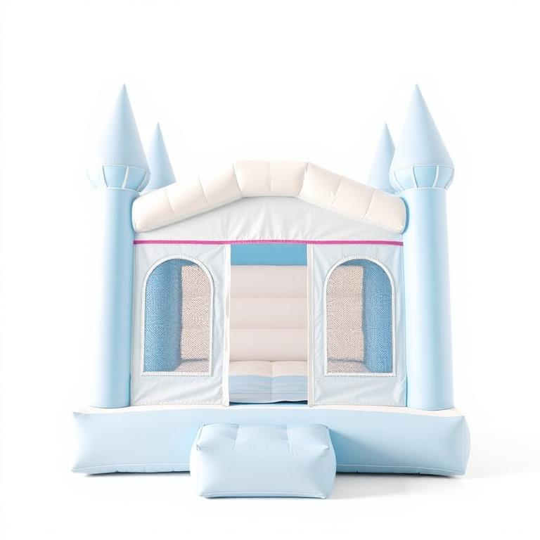 Baby blue and white pastel bounce house castle