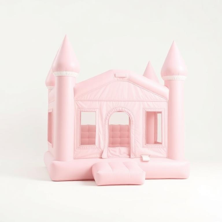 Blush pink pastel bounce house castle with turrets