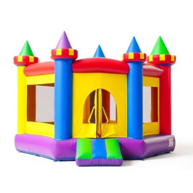 Brightly colored deluxe bounce house with castle turrets