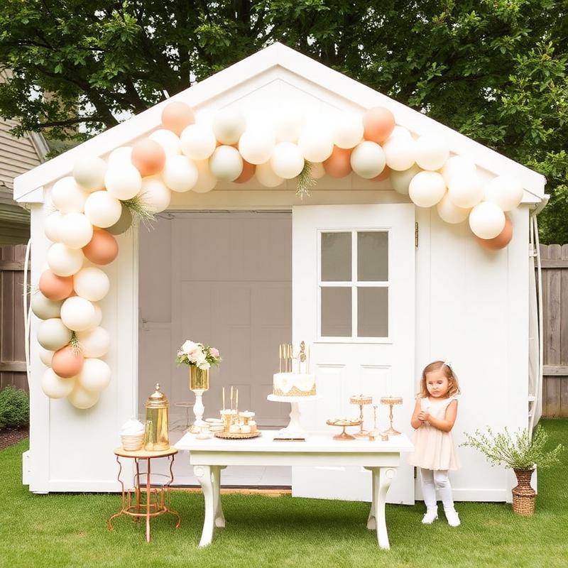 White bounce house with a cream and blush balloon garland beside a dessert table at a backyard birthday
