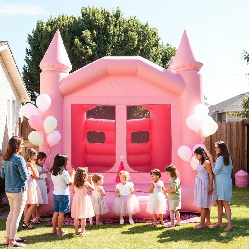 Blush pink bounce house at a sunny backyard first birthday with guests and pastel balloons