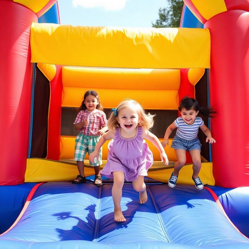 Three children laughing mid jump inside a bright colorful combo bounce house
