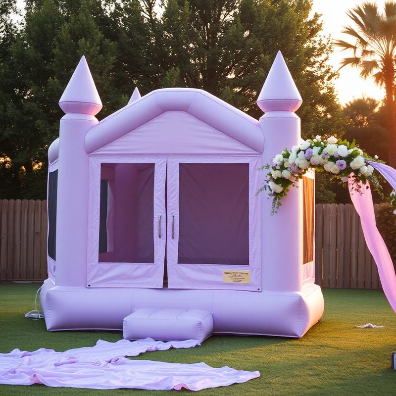 Lavender bounce house on a lawn at golden hour with a floral arch for a quinceanera