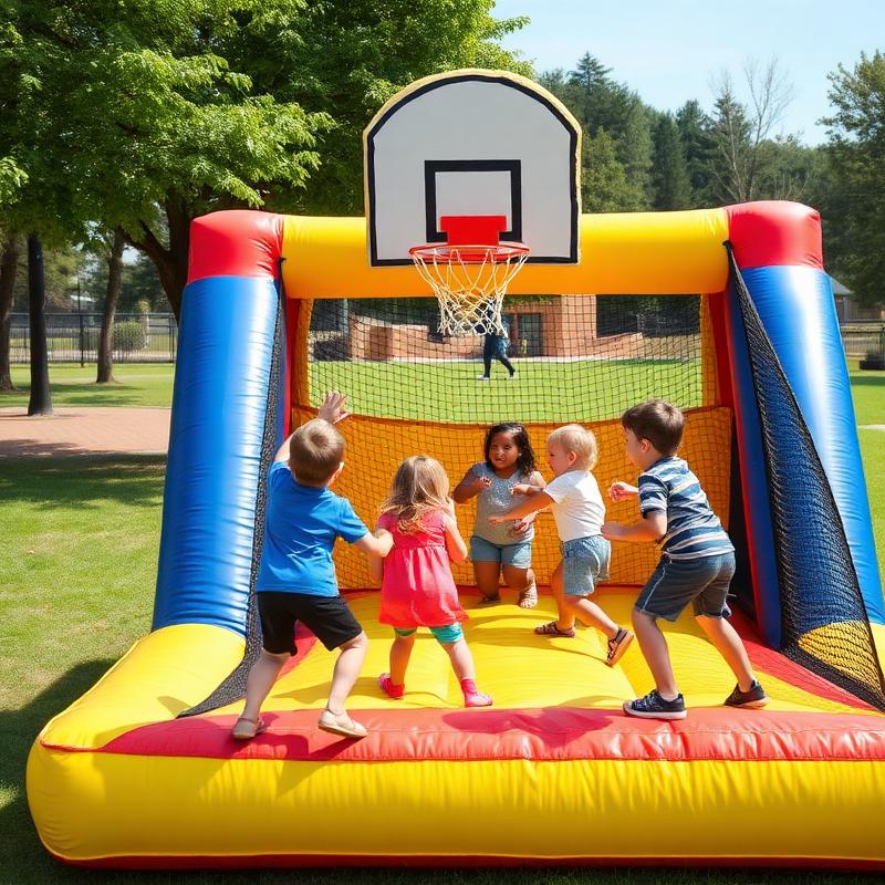 Kids playing in an inflatable basketball game unit at a park birthday party