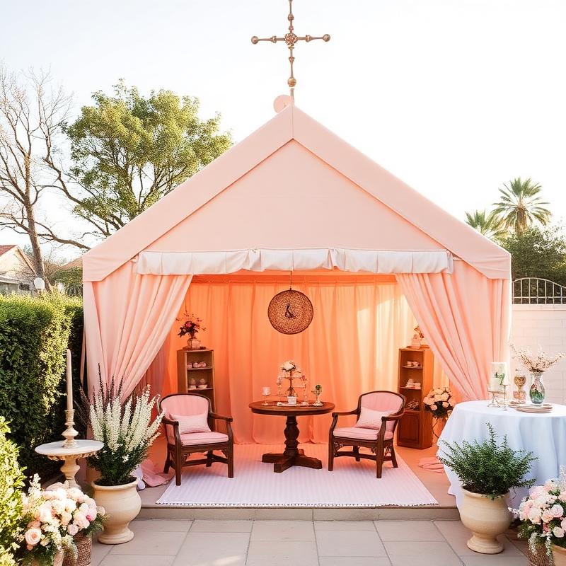 Peach toned setup on a patio for an elegant baby shower with neutral florals