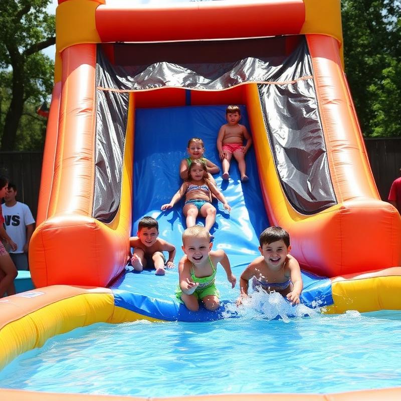 Children sliding down an inflatable water slide into a splash pool at a summer party
