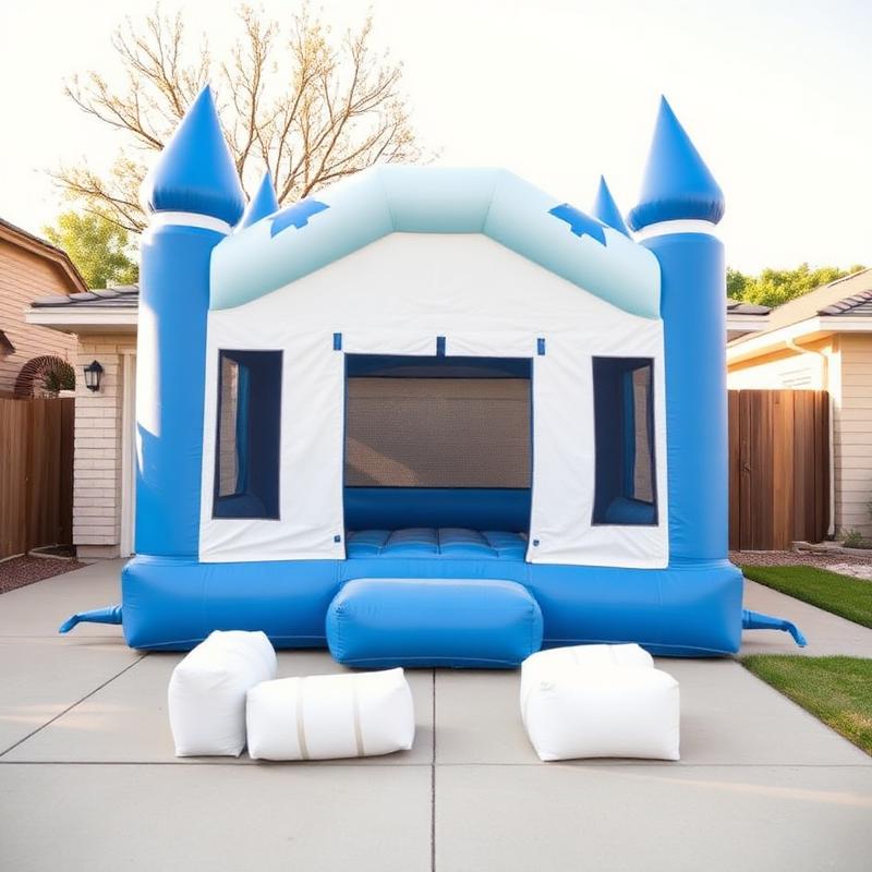 Baby blue and white bounce house anchored with sandbags on a residential driveway