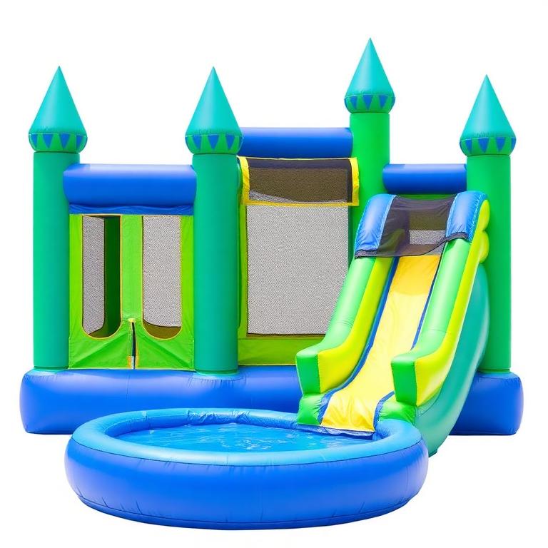 Blue and green combo bounce house with a water slide and splash pool