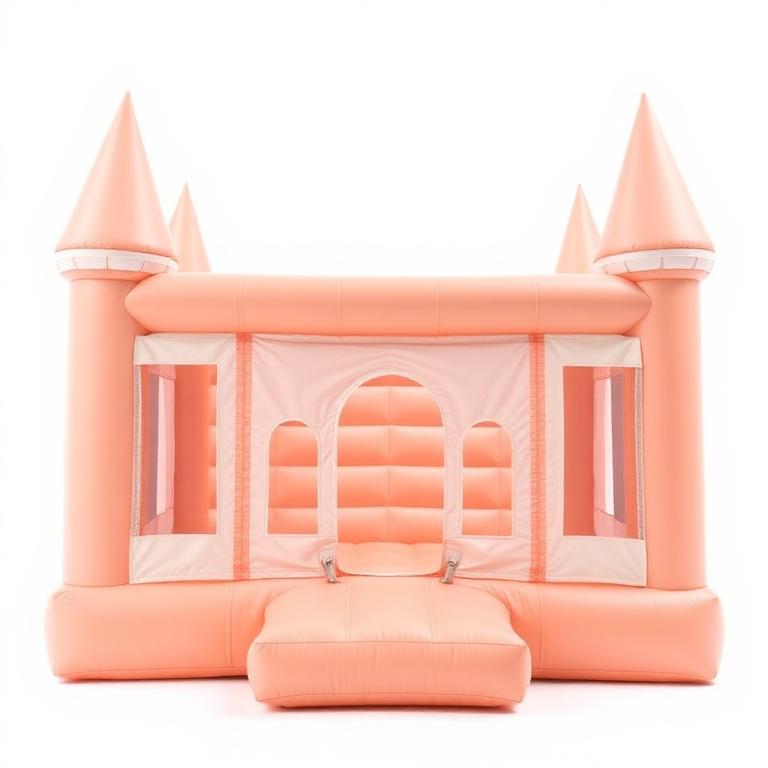 Peach pastel bounce house castle with four turrets