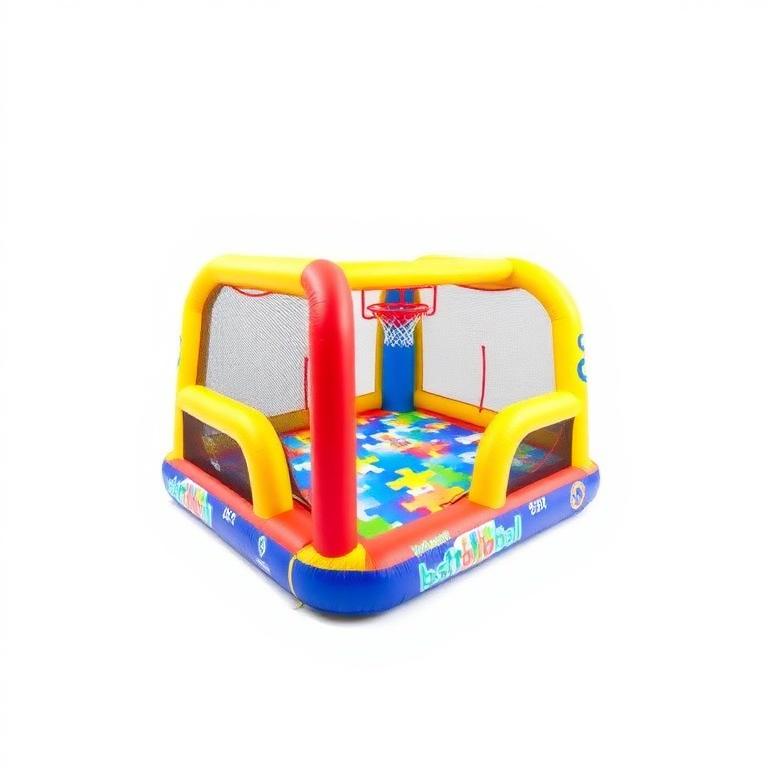 Inflatable puzzle basketball game unit with hoop and netted walls