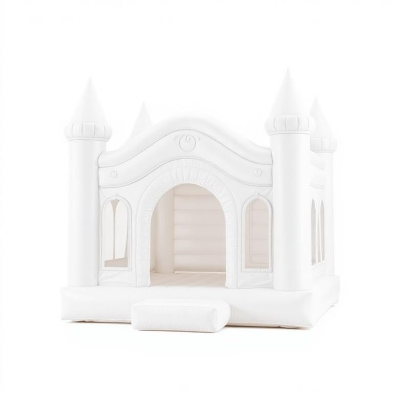 All white pearl bounce house castle with soft arched entry